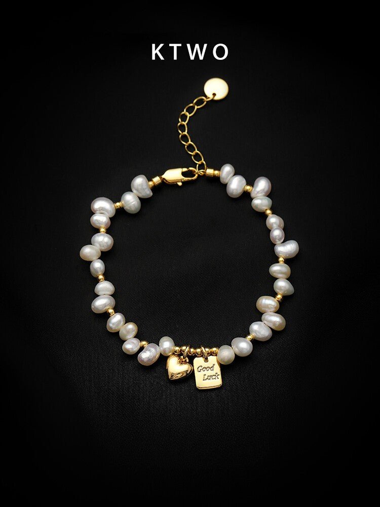 Natural Freshwater Pearl Bracelet – Gold Heart Pendant, Elegant Minimalist Chain for Women - Inkduo