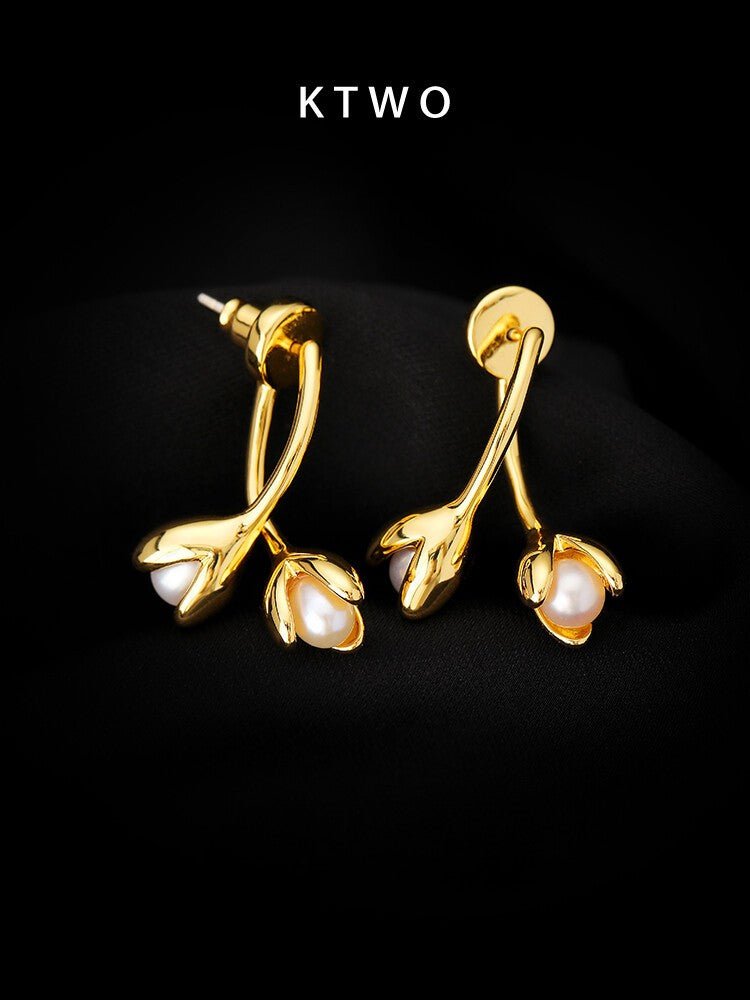 Golden Freshwater Pearl Stud Earrings – 925 Silver Pin, Elegant Luxury Design - Inkduo